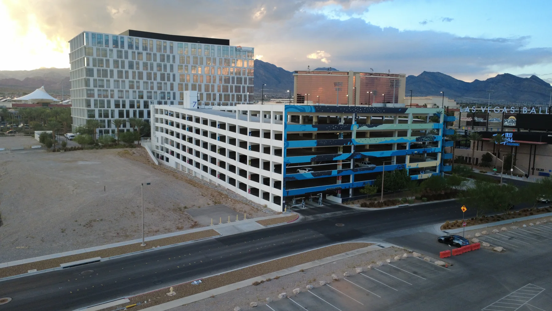 Office tower and parking structure from the air, Las Vegas
