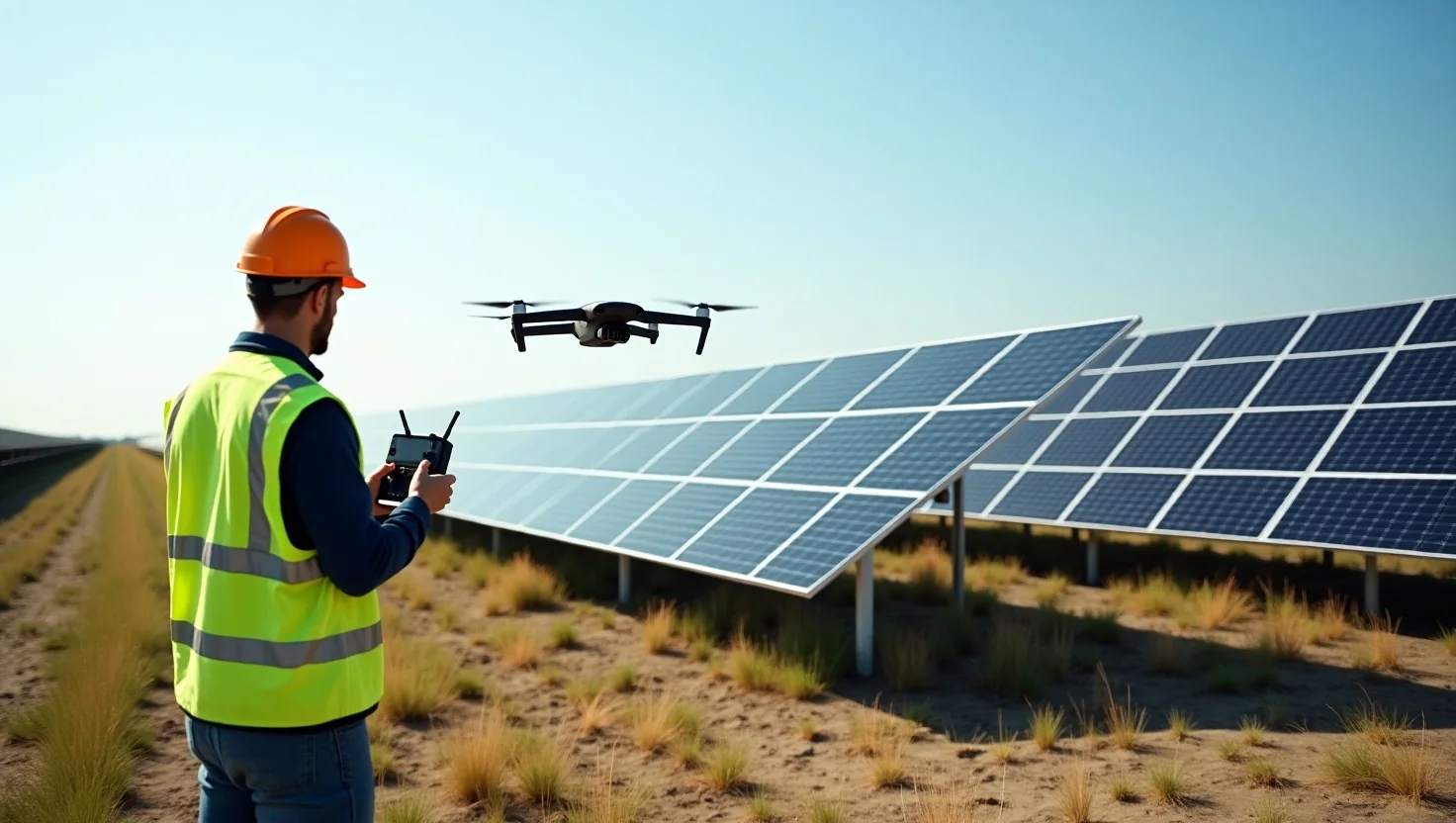 Drone operator in a hi-vis vest flying beside a solar array